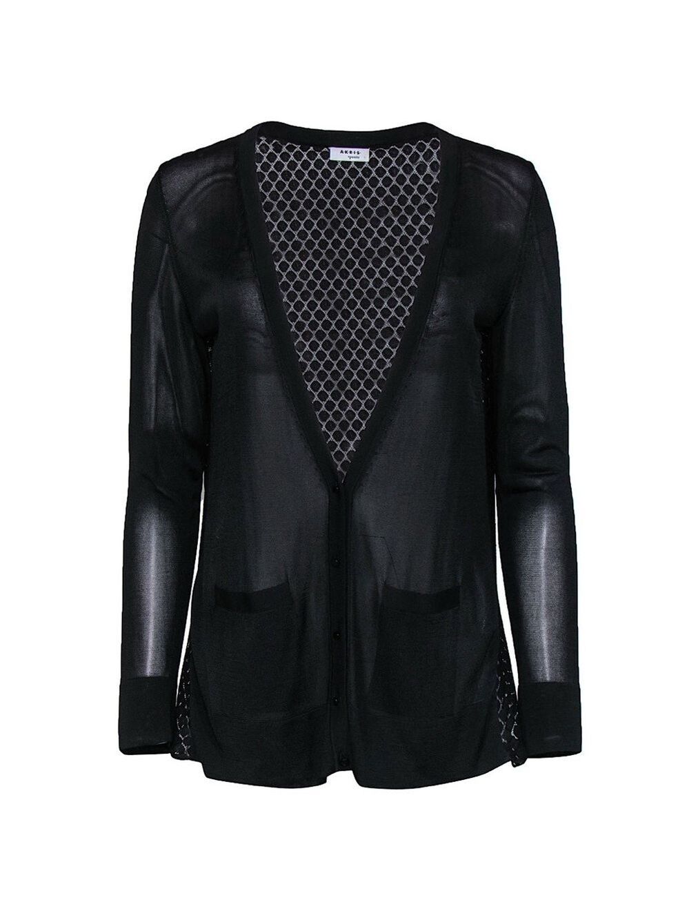 Akris Punto Black Deep V-Neck Cardigan w/ Sheer Pleated Back Size 8
